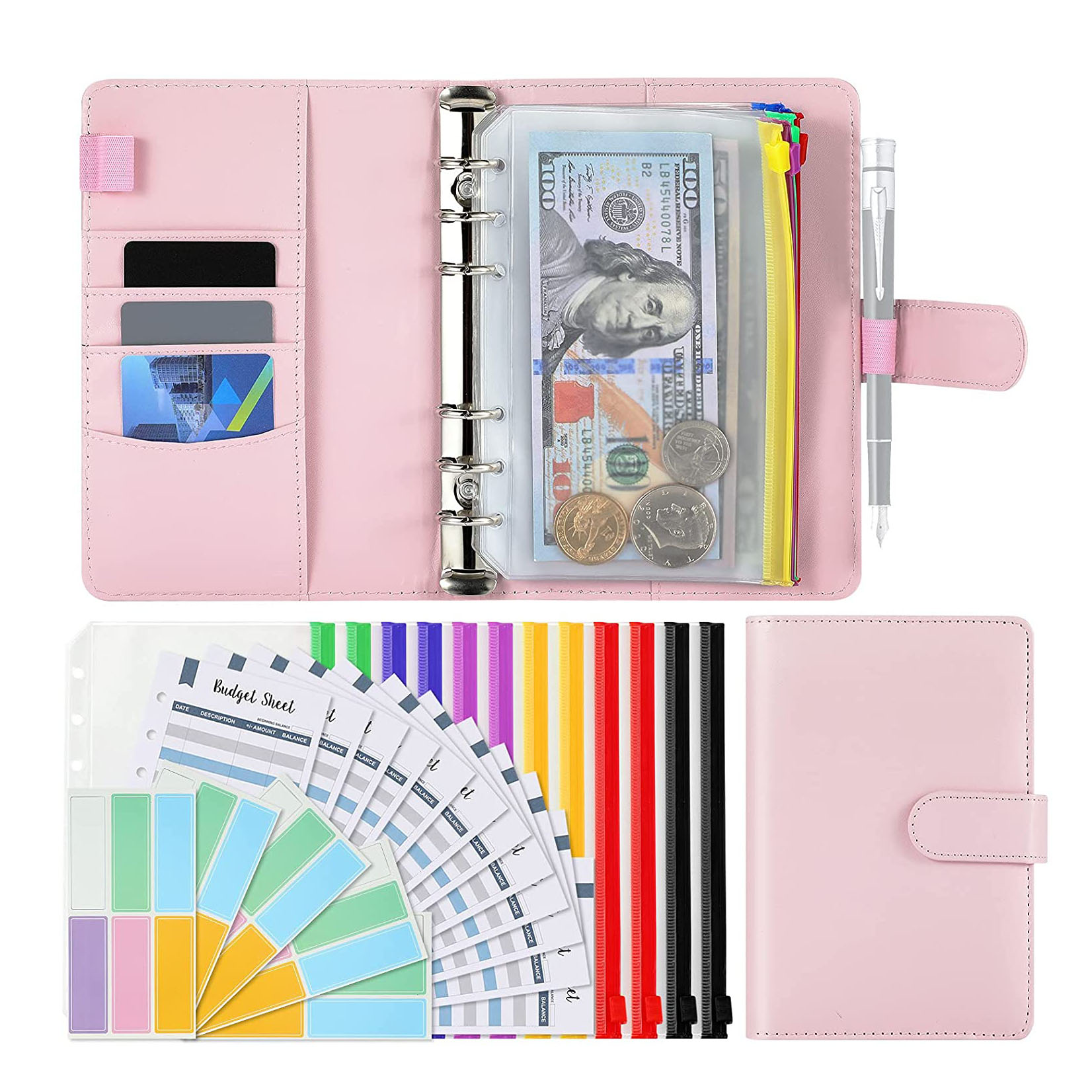 A6 PU Binder System Planner for Money Receipts Budgeting,12 Clear Cash Envelope,12 Expense Budget Sheets,Colorful Labels
